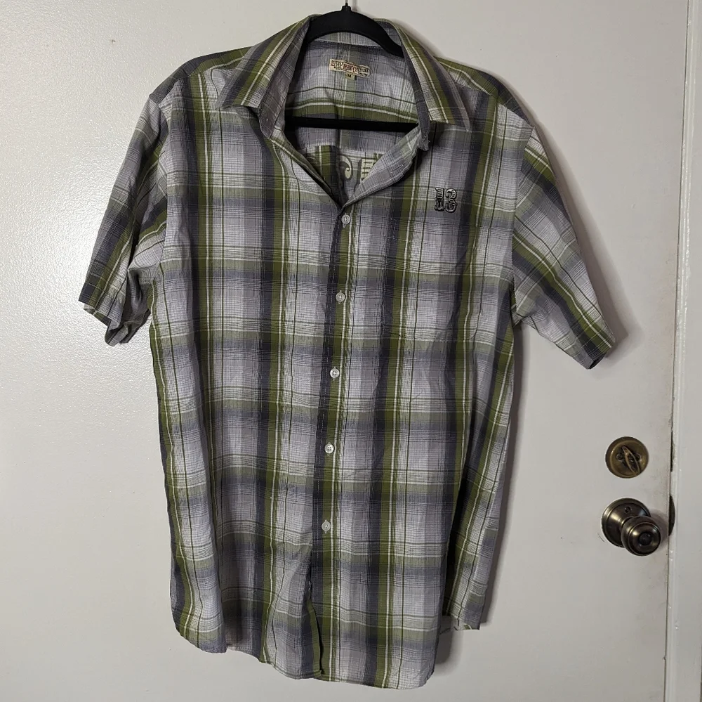 Lucky 13 zombie tiki button up shirt plaid green rockabilly retro pin up M L - Picture 5 of 12